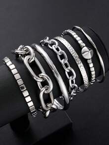 6pcs Fashion Punk Street Casual Minimalist Hip-Hop Style Geometric Pattern Beaded Bracelet Set For Men, Vacation Party Date Travel Shopping Beach Daily Wear Versatile Combination - Silver - View 4
