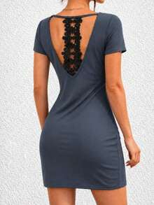 Women's Short-Sleeved, Short Viscose Two-Thread Dress With Lace Detail On The Back., 36096 - Grey - View 2