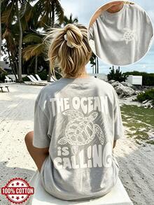 Double-Sided Print Women's Vintage Loose Tee, Turtle & Waves Graphic "The Ocean Is Calling" Text, Drop Shoulder Oversized 100% Cotton Best Seller - 灰色 - 查看 8