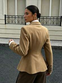Women's Fashion Lapel Double-Button Blazer, Flared Hem, Short Woven Fabric, Suitable For Autumn And All Seasons - Khaki - View 5
