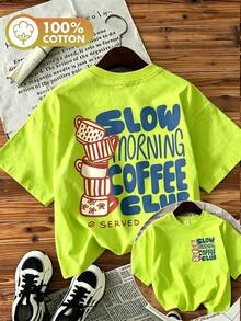 Women's Double-Sided Print Coffee Cup Tee, Hand-Painted Style "Slow Morning Coffee Club" Graphic, Round Neck Short Sleeve 100% Cotton Summer Top - 螢光綠 - 查看 8