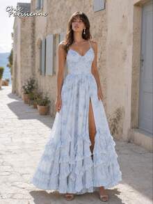 Sky Blue Floral Chiffon V-Neck Backless Tiered A-Line Maxi Dress - 天藍色 - 查看 2