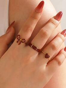 Set 3 buah cincin minimalis motif pita dan hati dari baja tahan karat, cocok untuk pemakaian sehari-hari wanita. - Burgundy - View 4