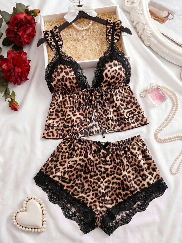 2pcs/Set Women's Leopard Print Pajama Set, Lace V-Neck Halter Top With Lace Patchwork Shorts, Bowknot Waist Decoration, Comfortable Soft Loungewear