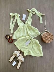 Conjunto de moda para mujer primavera/verano, conjunto de camisola y shorts para vacaciones.Negro elegante - verde menta - Ver 3