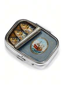 1pc Classic Open Sea Fish Pattern Fishing Boat Square Pill Box, Traditional Nautical Realistic Style, 2-Compartment Portable Storage Box For Bag Accessories And Supplements, Outdoor Portable Pill Box - Multicolor - View 5