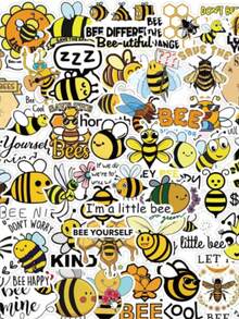 50pcs Bee Aesthetic Stickers Gift Insect Doodle Stickers Fun Bee Observation Labels Scrapbook Vinyl Waterproof Stickers Suitable For Water Bottle, Guitar, Luggage, Phone, Phone Case, Laptop, Skateboard, Gift - Yellow - View 1