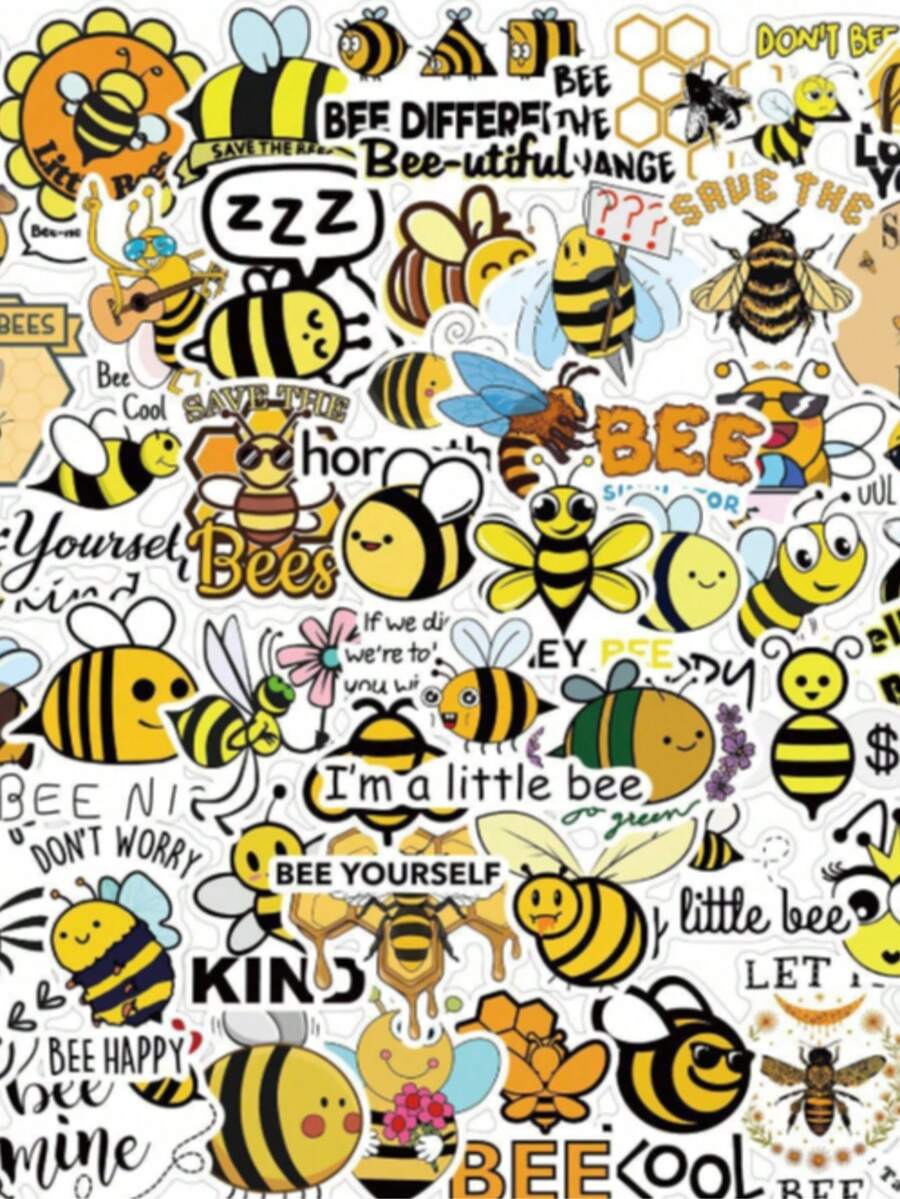 50pcs Bee Aesthetic Stickers Gift Insect Doodle Stickers Fun Bee Observation Labels Scrapbook Vinyl Waterproof Stickers Suitable For Water Bottle, Guitar, Luggage, Phone, Phone Case, Laptop, Skateboard, Gift - Yellow - View 1