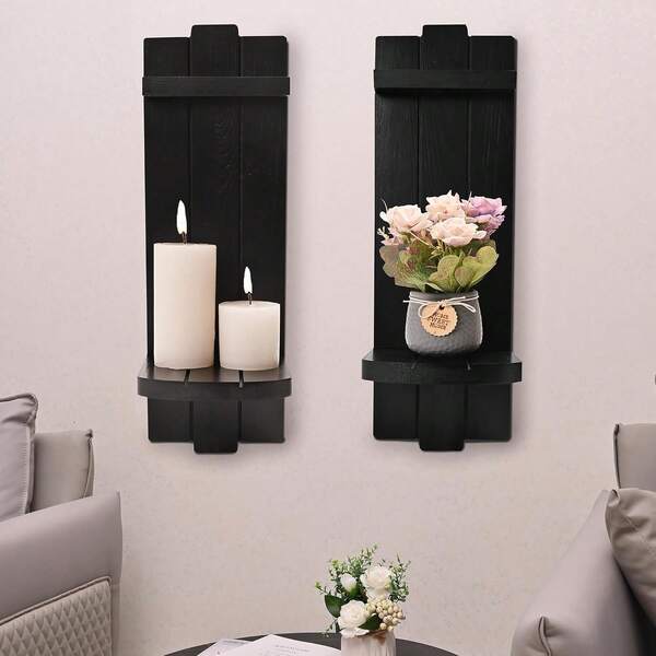 Yorkmills Sconces Set Of 2, Large Rustic Candle Holder, Home Decor - Black Wall Art, Floating Candle Sconce Shelf For Living Room, Dining Room