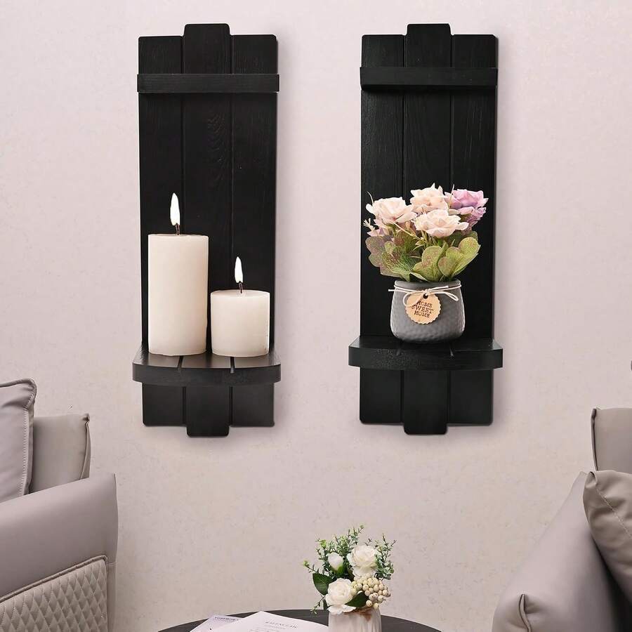 Yorkmills Sconces Set Of 2, Large Rustic Candle Holder, Home Decor - Black Wall Art, Floating Candle Sconce Shelf For Living Room, Dining Room - ColorA - View 1