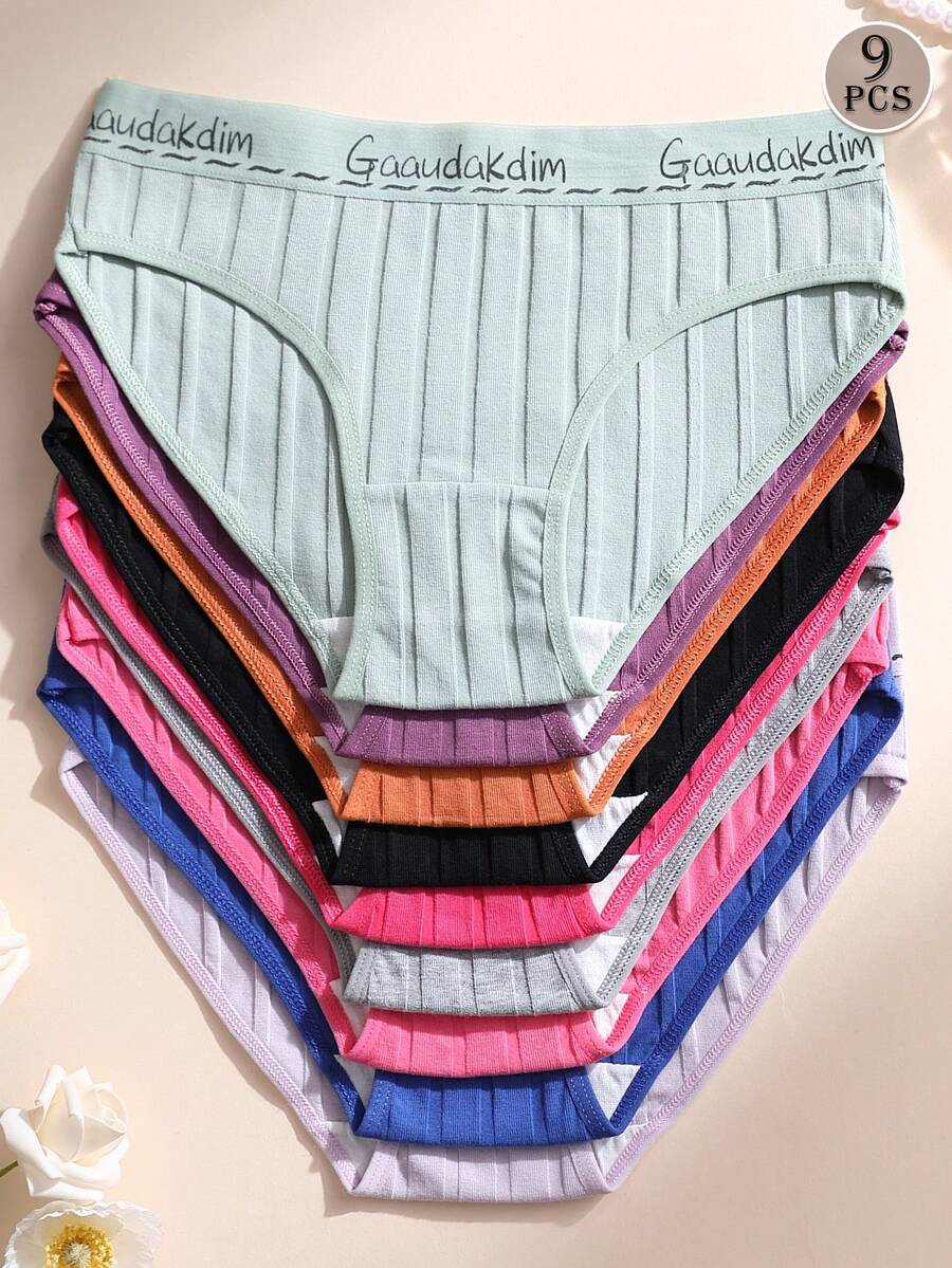 9pcs Women's Cotton Triangle Panties, Low Waist Seamless Triangle Briefs, Ribbed Letter Waistband Underwear, Comfortable Breathable Sports Panties
