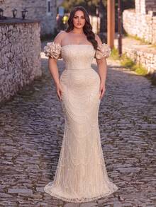 Women's Elegant Plus Size Sequin Off-Shoulder Maxi Mermaid Dress With Cold Shoulder Sleeves Perfect For Formal Evening Events - Apricot - View 4