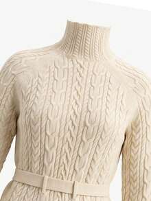 Elegant Soft Style High Neck Cable Knit Sweater For Women, Spring/Autumn, Tie Cinched Waist Pullover Top - Apricot - View 8