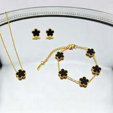 4pcs New Stainless Steel Plant Mother Of Pearl Five-Petal Flower Earrings Bracelet Necklace Jewelry Set - Multicolor - View 1