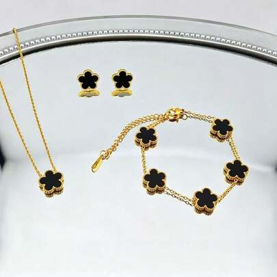 4pcs New Stainless Steel Plant Mother Of Pearl Five-Petal Flower Earrings Bracelet Necklace Jewelry Set