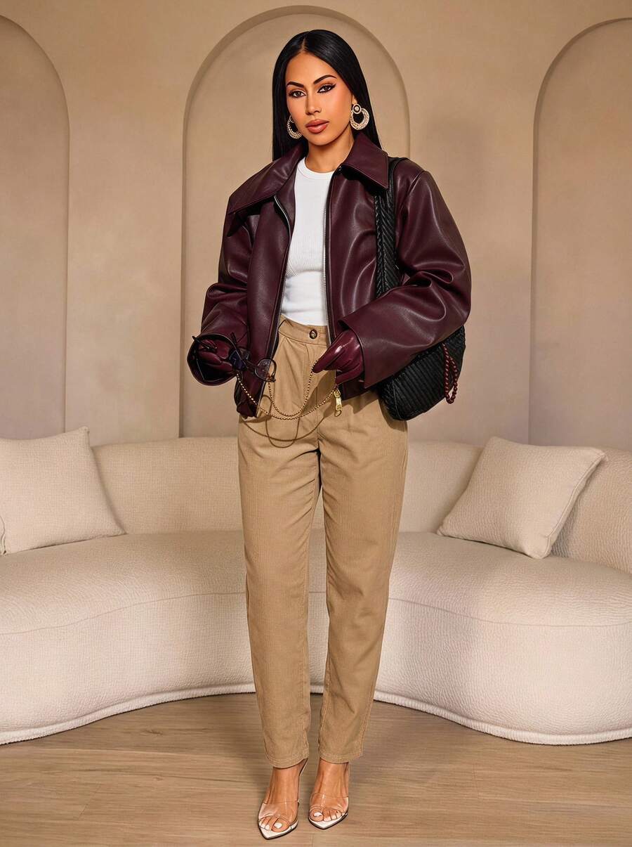Retro Lapel Long Sleeve Minimalist PU Leather Loose Jacket, Solid Color Zipper Long Sleeve Vintage PU Jacket Red - Red - View 1