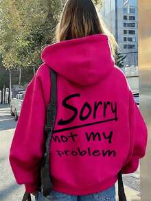 大尺碼早秋新款女款休閒時尚運動衫「Sorry, Not My Problem」字母背印口袋薄款抽繩運動上衣 - 玫紅色 - 查看 2