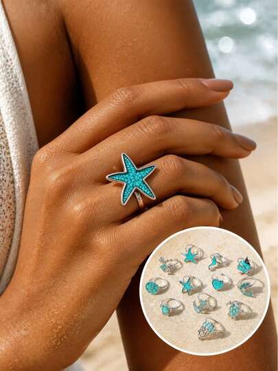 1pc Ocean Style Turquoise Turtle Starfish Dolphin Ring, Creative Ocean Element Adjustable Finger Ring, Unique Vacation Accessory