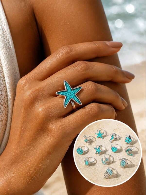 1pc Ocean Style Turquoise Turtle Starfish Dolphin Ring, Creative Ocean Element Adjustable Finger Ring, Unique Vacation Accessory