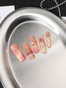 24 piezas de uñas postizas cuadradas largas, base rosa nude, puntas francesas con lunares crema, mariposa 3D y pétalos degradados, anillos con cuentas doradas y cristales rosas, estilo dulce y femenino, para citas diarias y salidas casuales, uñas reutilizables con pegamento de gelatina y lima de uñas - Óxido marrón - Ver 3
