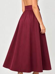 Autumn/Winter Workwear High Waist Slimming Versatile Mid-Length Solid Color Elegant Design Umbrella Skirt Women's Burgundy Flared Skirt With Pockets And Ruffle Details - Burgundy - View 4
