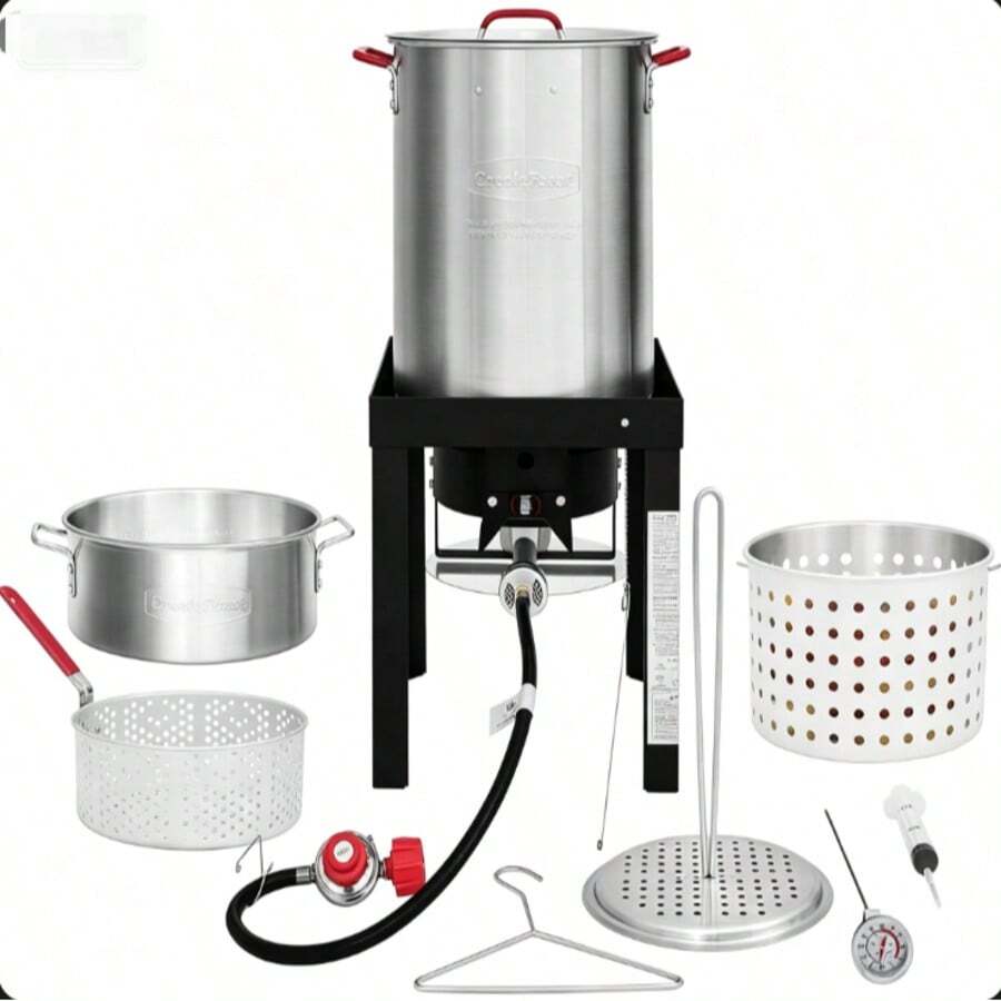9-Piece Outdoor Turkey Fryer & Seafood Boiler Set, 30QT & 10QT Aluminum Stock Pots With 50,000 BTU Propane Burner Stand, Complete Kit For Backyard Crawfish Boil, Deep Frying, Steaming - Silver/Black - View 1