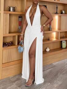 Vestido de punto con escote halter, tirantes anudados, bajo con abertura alta, plisado y parches, espalda descubierta - Blanco - Ver 4