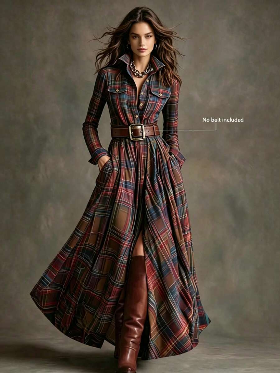 HUTENER 女款長洋裝 夏季通勤服飾 附口袋 寬鬆顯瘦長裙（不含腰帶）優雅度假風 棕色