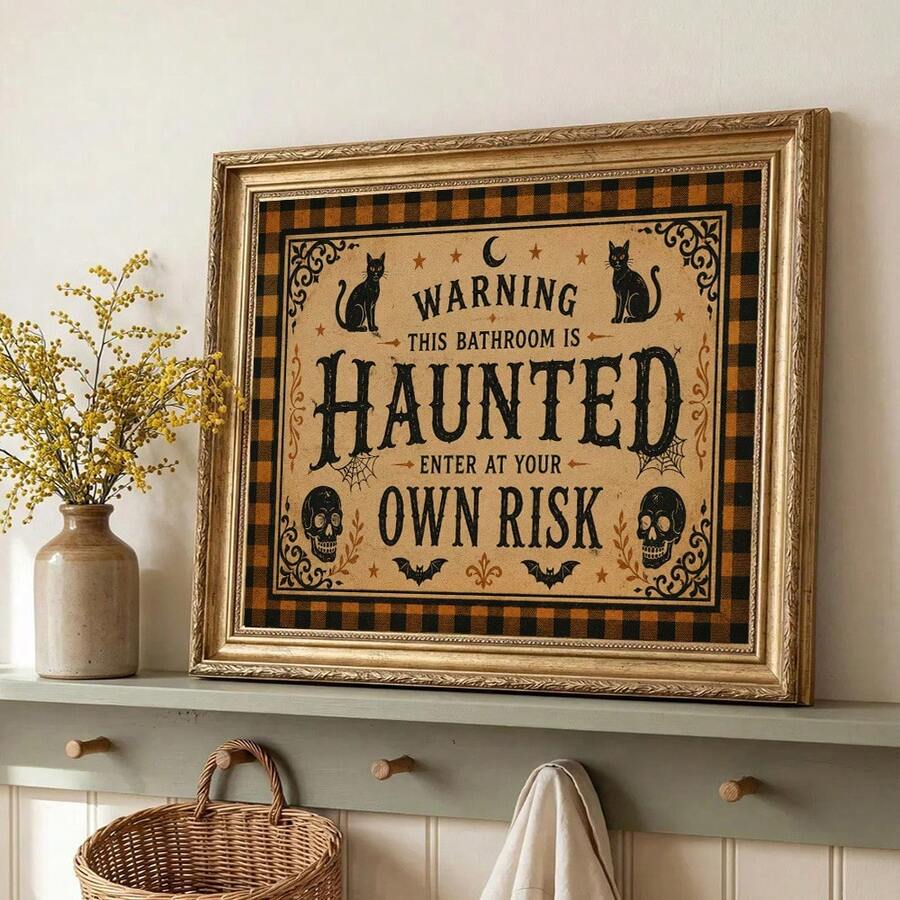 1 pieza Póster de lienzo con marco/sin marco con cita divertida de baño embrujado, estilo vintage, gótico, Halloween, Dark Academia, Cottagecore, impresión de arte de pared, decoración de temporada espeluznante de otoño, pintura para baño, inodoro, dormitorio, decoración del hogar moderno - A - Ver 1
