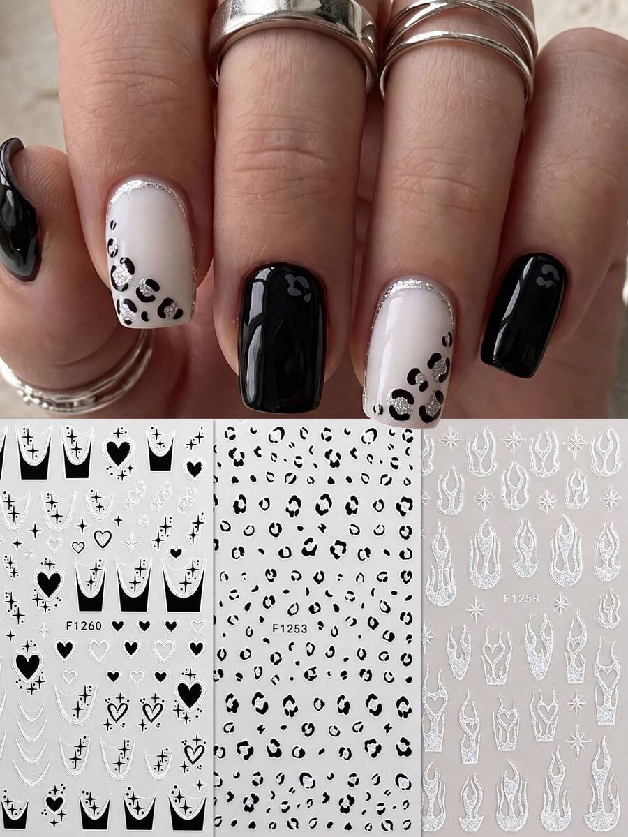 QIANJIKU 3 feuilles d'autocollants pour ongles Halloween avec imprimé léopard pailleté argenté en forme de flamme et de cœur, style français Y2K gothique doux et cool, décoration d'art pour ongles, convient pour les festivals de musique, la rentrée scolaire, les fêtes, fournitures pour artistes de manucure