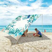1pc Ocean Starfish Coral Print Outdoor Sunshade Canopy, Lightweight Breathable Waterproof Camping Tarp, Includes Ropes And Ground Stakes, UV Protection Windproof Sun Shelter, Suitable For Beach, Garden, Patio, Picnic, Yard - Baby Blue - View 7
