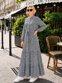 Women's A-Line Floral Maxi Dress with Long Sleeves - 藏蓝色 - 查看 7