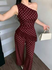 abyoxi 女款酒紅色波點單肩無袖上衣與寬腿長褲兩件套，性感優雅，適合辦公通勤、日常外出、正式晚餐、約會、派對、婚禮、情人節等場合，修身短上衣與長褲夏秋套裝 - 酒紅色 - 查看 1