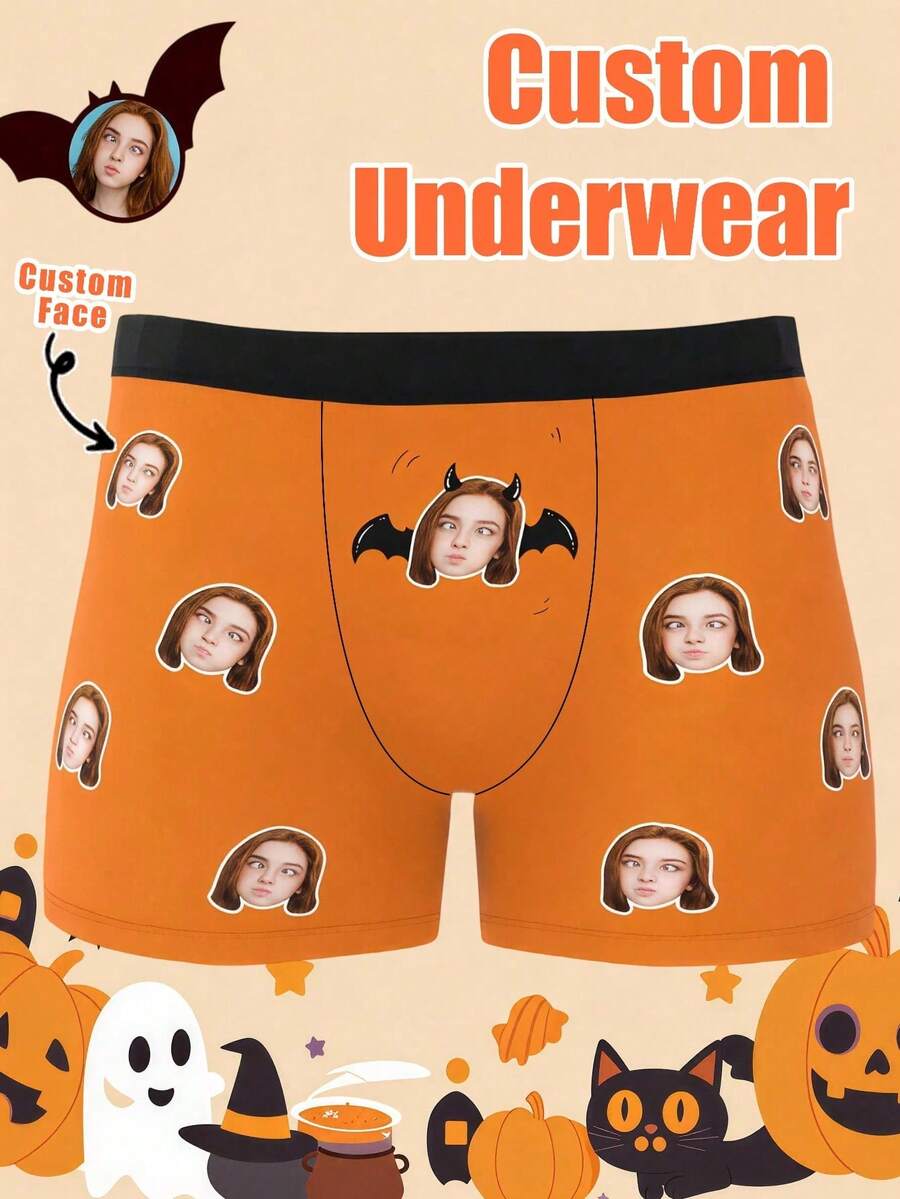 Men's Custom Female Face Bat Horn Pattern & "Licked" Text Print Orange Polyester Boxer Briefs, Halloween Humorous Romantic Couple Gift & Daily Intimate Wear - Multicolor - View 1
