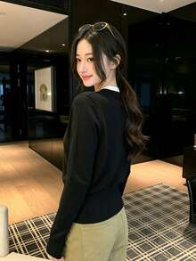 Korean Style Atmosphere 2 In 1 Knit Sweater Women Spring Autumn Black & White Colorblock V-Neck Cinched Waist Short Cropped Sweater Commute Fall - Black - View 3