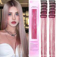 12pcs Seamless Hair Extensions Laser Gold Shiny Colorful Ribbon Straight Hair Pieces Dyed Faux Colorful Hair Decoration - View 10