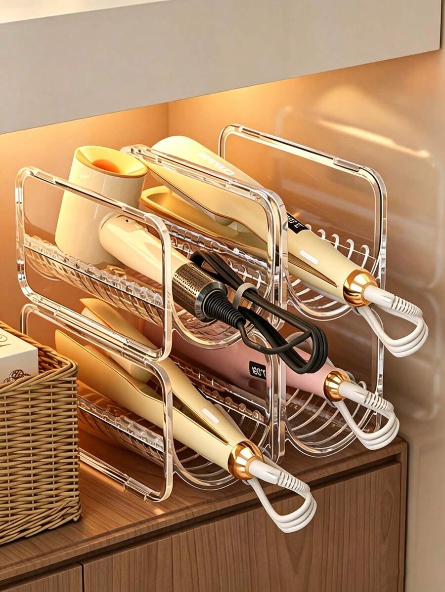 Curling Iron Storage Rack, Hair Dryer Storage Box, Egg Curling Iron Organizer, Item Storage Shelf, Straight Hair Comb Organizer, Straightener Storage, Stackable Design, Countertop Style, Transparent Acrylic, Suitable For Bathroom, Countertop, Vanity, Washbasin, Toilet, Entryway, Practical Storage Shelf
