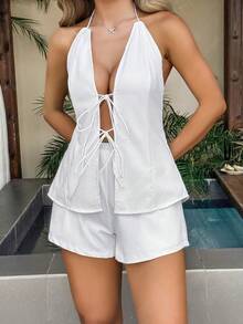 女款掛脖白色海灘套裝，開衩上衣與短褲套裝，適合夏季度假 - 白色 - 查看 5