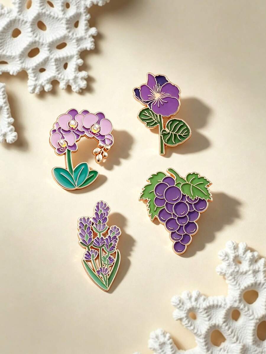 1/4pcs Purple Plant Metal Brooch, Fresh Elegant Low-Key Versatile Lightweight Alloy Non-Fading, Pin On Coats Scarves Bags To Create Gentle Elegant Atmosphere Outfit - Multicolor - View 1