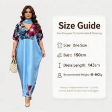 Colorblock Print Plus Size Dress, V-Neck Short Sleeve Loose Dress With Matching Fabric Scarf, Casual Ankle Length - Blue - View 4