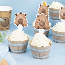 16pcs/Set (8 Cupcake Liners + 8 Cake Toppers) Capybara Cake Decoration Set, Suitable For Capybara Theme Birthday Party Decoration, Baby Shower, Party Supplies - View 2