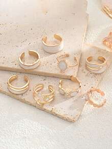 8pcs Fashion Minimalist Pearl White Enamel Star & Sun Stackable Ring Set, Elegant Daily Accessory - Multicolor - View 3