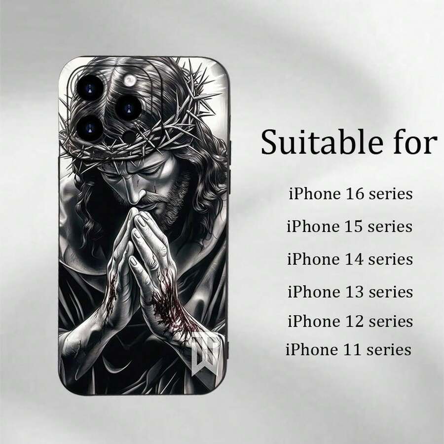 [24h Versand Aus DE/FR/ES]Schwarz-Weiß Dornenkrone betende heilige Figur Skizzen-Muster matte stoßfeste Handyhülle kompatibel mit iPhone 11 12 13 14 15 16e 17 Air Plus Pro Max, Galaxy S21 S22 S23 S24 S25 S26 Ultra Edge FE Plus, kratzfest weiche Schutzhülle, bedeutungsvolles christliches religiöses Geburtstags- und Feiertagsgeschenk für Glaubensbekenner Männer und Frauen - 1 Hauptbild - Übersicht 1