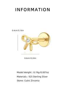 1pc Fashion 925 Sterling Silver Original Cute Bow Earrings, Pure Silver Plated 14K Gold Flat Back Piercing Ear Cartilage Low Hypoallergenic Stud Earrings, Stackable Ear Cuff Piercing Jewelry Suitable For Women's Daily Casual Wedding Wear - Yellow Gold - View 6