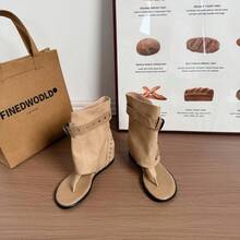Women's New Punk Style Open Toe Mid-Calf Sandals, Featuring Rivets And Buckle Straps, Unique Design, Built-In Height Increase - Khaki - View 2