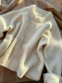 Cream White Ribbed Crew Neck Long Sleeve Soft Loose Slouchy Slimming Versatile Autumn/Winter Knit Sweater - Apricot - View 3
