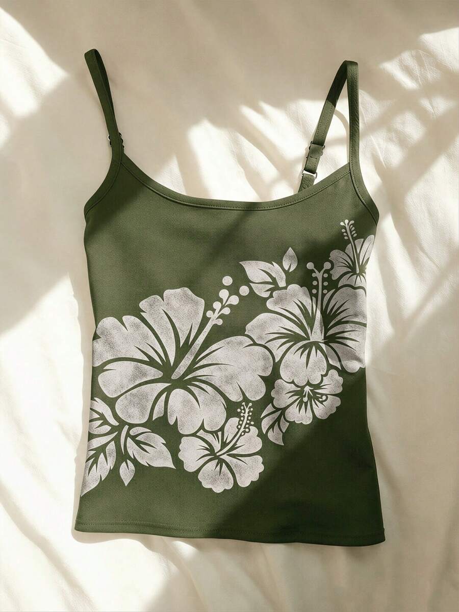 女款花卉印花休閒百搭日常穿著細肩帶背心上衣 夏季 - 軍綠色 - 查看 1