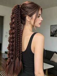 24 Inch Long Brown Mixed-Color Synthetic Curly Braided Ponytail Wig For Women, Including Flipped Braids, Plaits, Fishtail Braids, And Elastic Hair Ties. Suitable For Everyday Wear, Braided Extensions, And Voluminous Hairstyle Accessories., Halloween - Multicolor - View 8