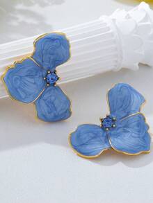 1 Pair European & American Fashion Vintage Colorful Enamel Flower Stud Earrings, Gold-Plated Rim, Elegant Versatile Style - Baby Blue - View 3