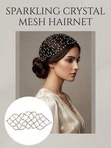 1pc Women's Vintage Rhinestone Hollow Hair Net Head Chain, Shiny Mesh Woven Full Rhinestone Headpiece, Elegant Bridal Wedding Evening Party Hair Accessory, Gothic Halloween Dark Element Women's Hair Accessory - Black - View 3